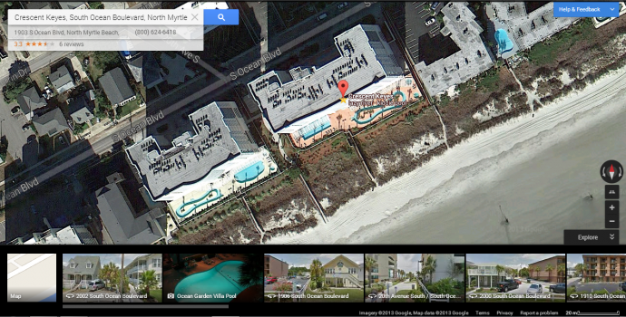 Earth view in Google Maps allows you to see an aerial view of the condo, the pool, and its proximity to the beach and other attractions in the area.